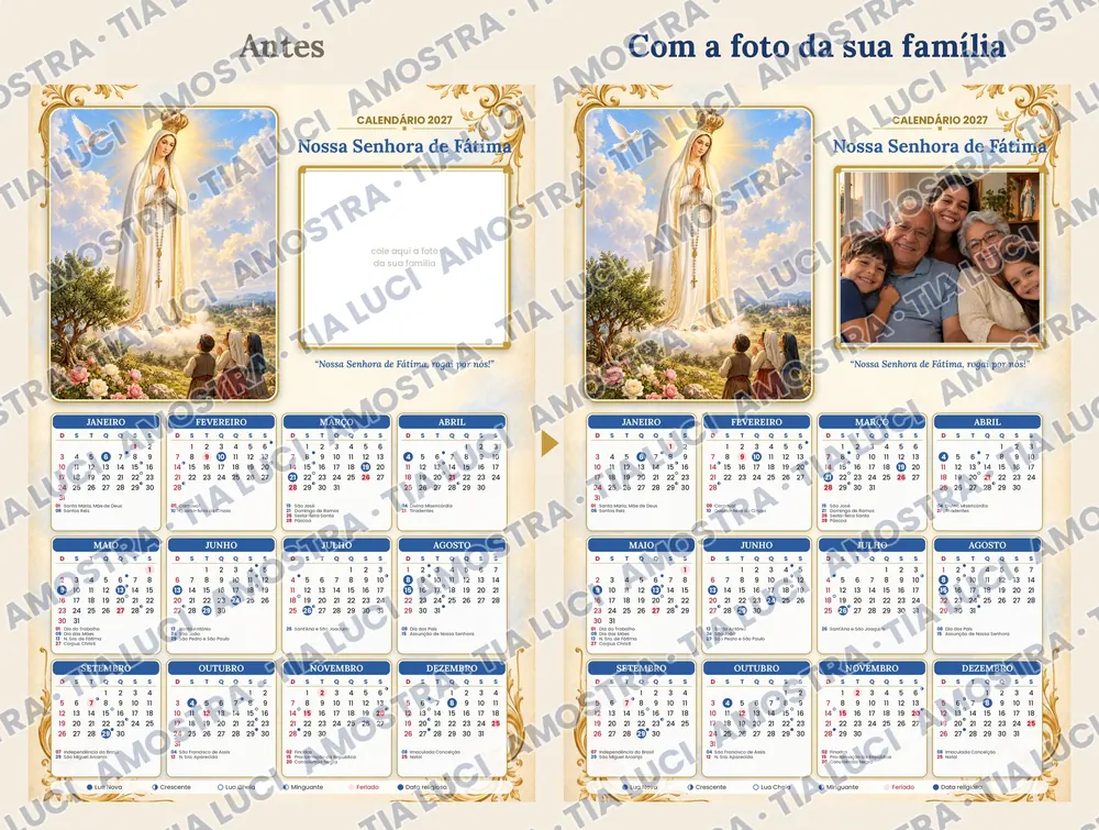 Calendário antes e depois de colocar a foto da família