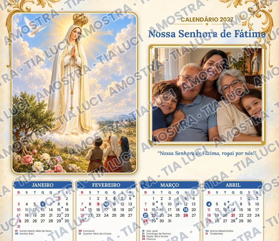 Calendário 2027 de Nossa Senhora de Fátima com a foto de uma família